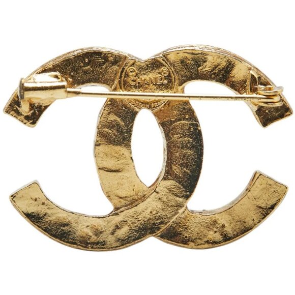 CHANEL CC Logo Rhinestone Brooch Gold Tone Pin Auth w/Box #4218 - Picture 3 of 5